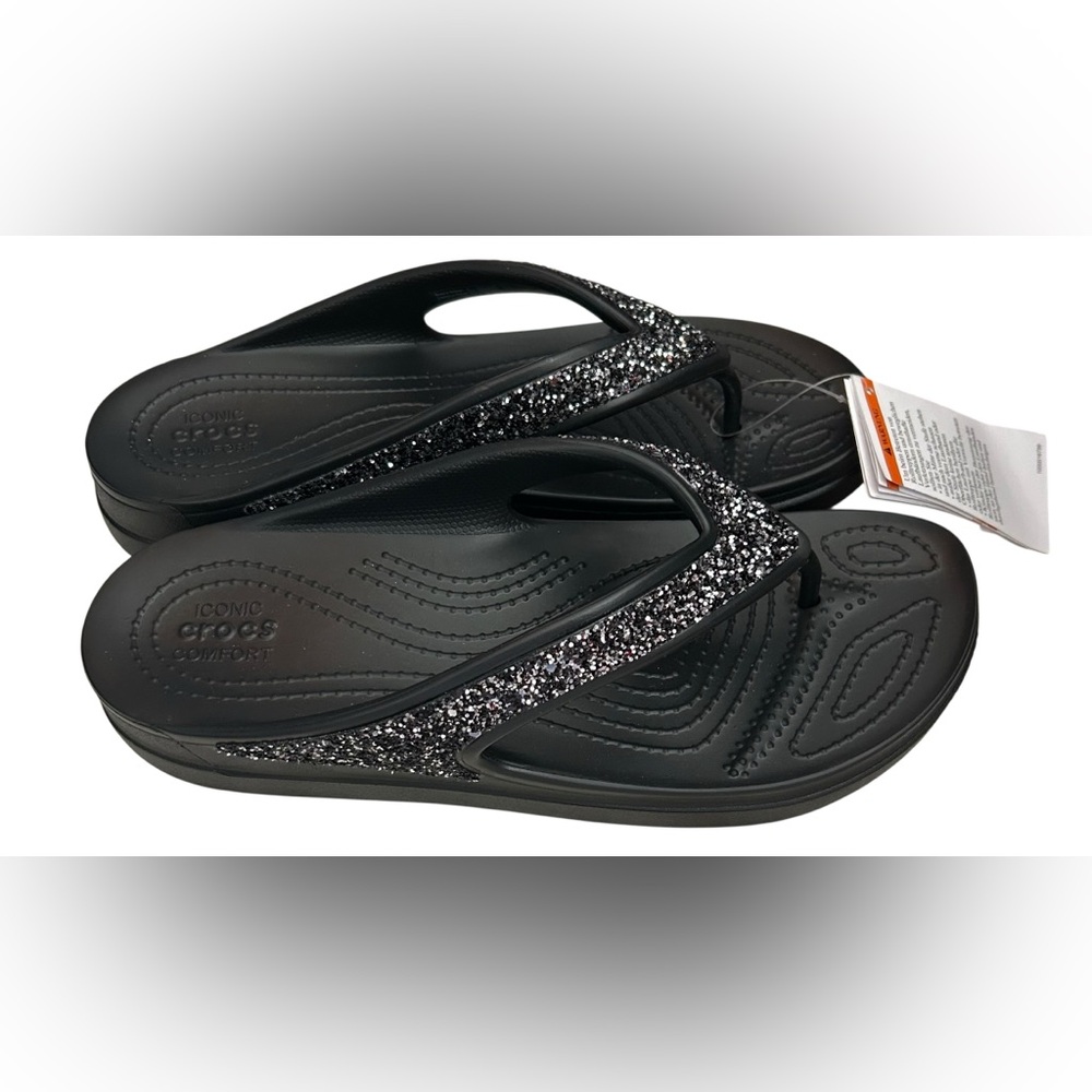 NWT CROCS Sloane Black Glitter Flip Flops SZ 10
